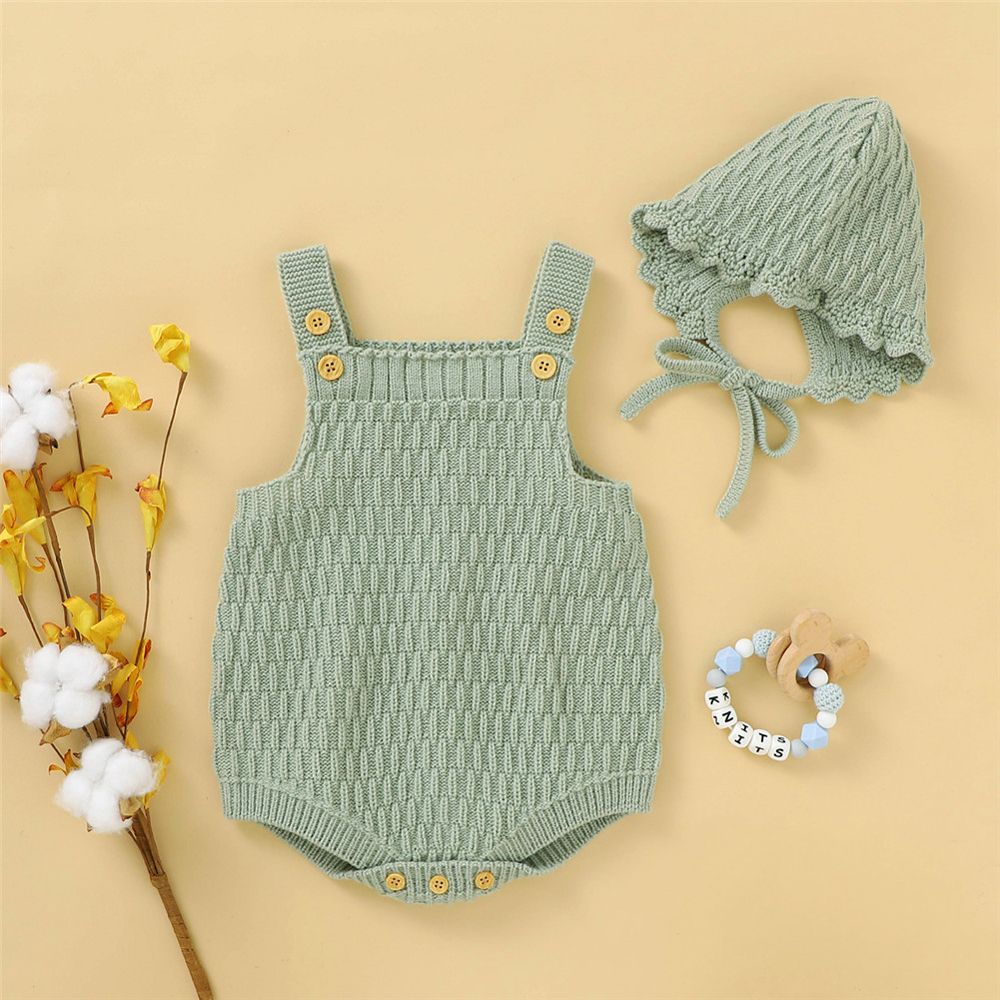 2 Pcs Baby's Casual Suit, Sleeveless Button Knitted Vest Romper, Solid Color Lace-up Elastic Hat, Daily Life
