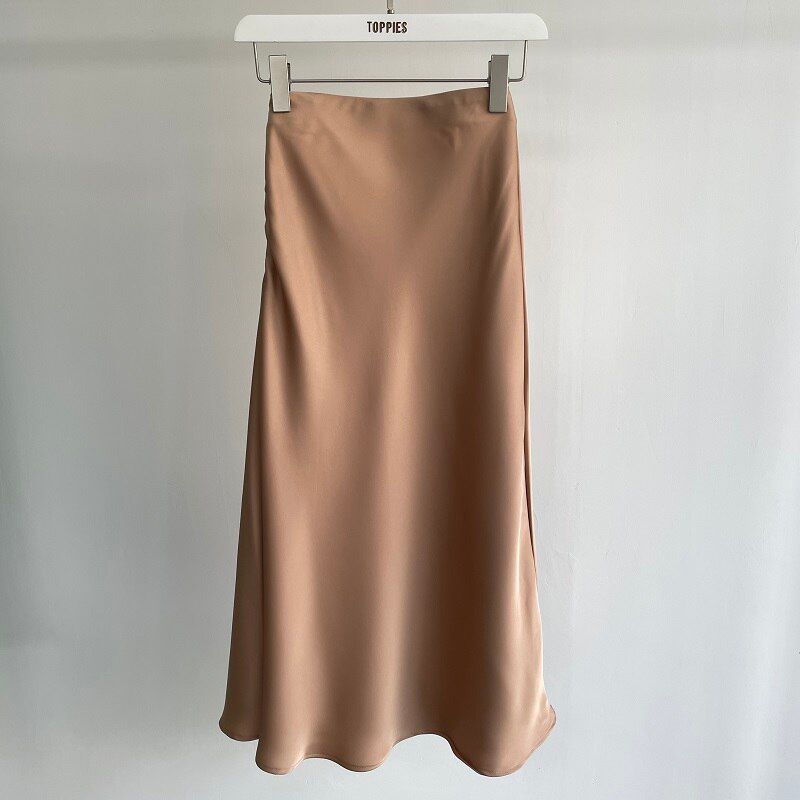 Toppies Womens Silk Satin Skirts High Waisted Skirt Solid Vintage England Simple Office Lady Skirts