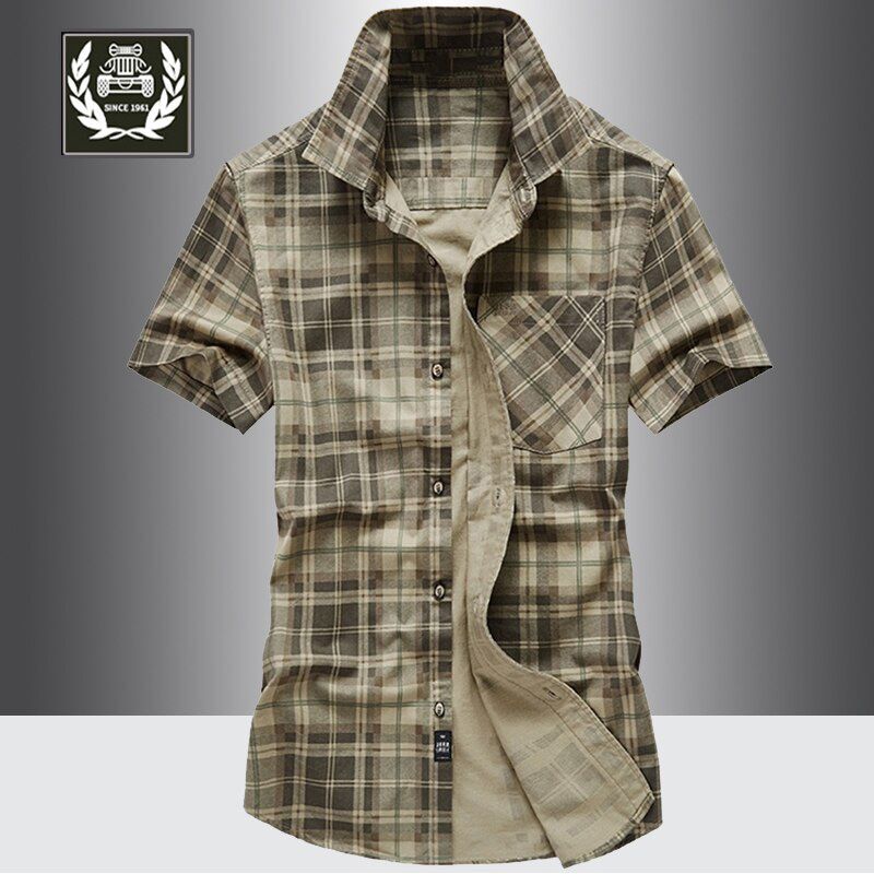 2021 Summer Plaid Short Sleeve Male Shirt Men's Cotton Casual  Large Size  Shirts  Father Military Fashion High Quality Blouse