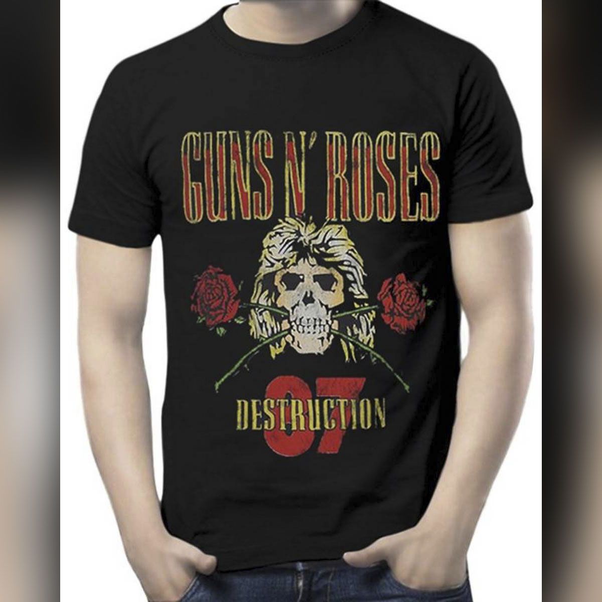 Cotton Short Sleeve Guns and Roses Destruction T-shirt - Black