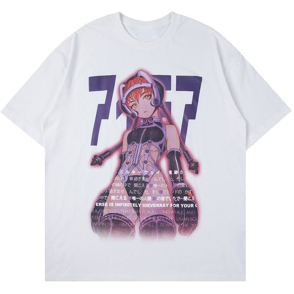 Aolamegs Men's Tee Shirts  Manga Girls Kanji Print Anime Tee Shirts Summer Baggy College Style Tops Fashion Otaku Streetwear