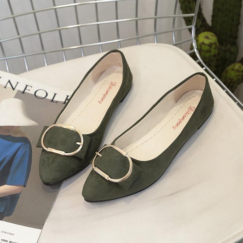 【ALLGOOD】Tailored Fashion Women Suede Belt Buckle Flat Heel Pointed Toe Casual Shoes Black