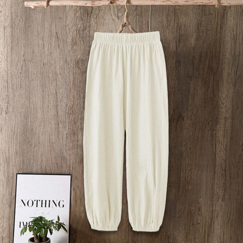 Spring Summer Casual Cotton Linen Pants Women Elastic Waist Solid Pockets Retro Loose Women's Harem Pants Trousers Bottoms