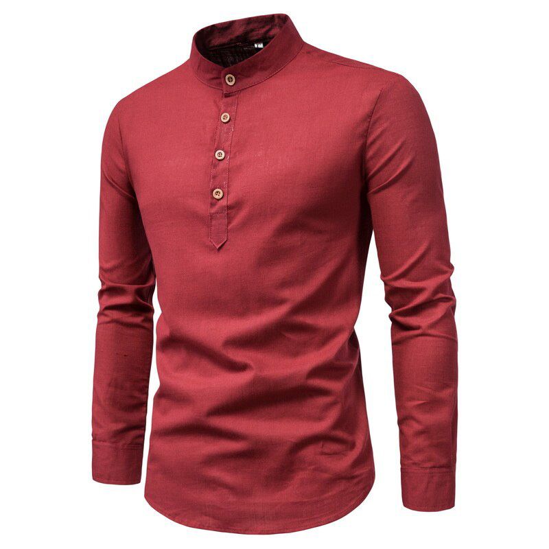 Men Solid Color Stand Shirts Top Breathable Linen Long Sleeved Mens Slim Clothes Shirt National Style Male Casual Blouse Camisas