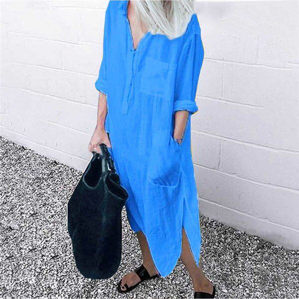 Women Shirt Dress Solid Long Sleeve Side Split Long Dress Ladies Turn-down Collar Loose Pocket Sundress Party Dress Vestidos