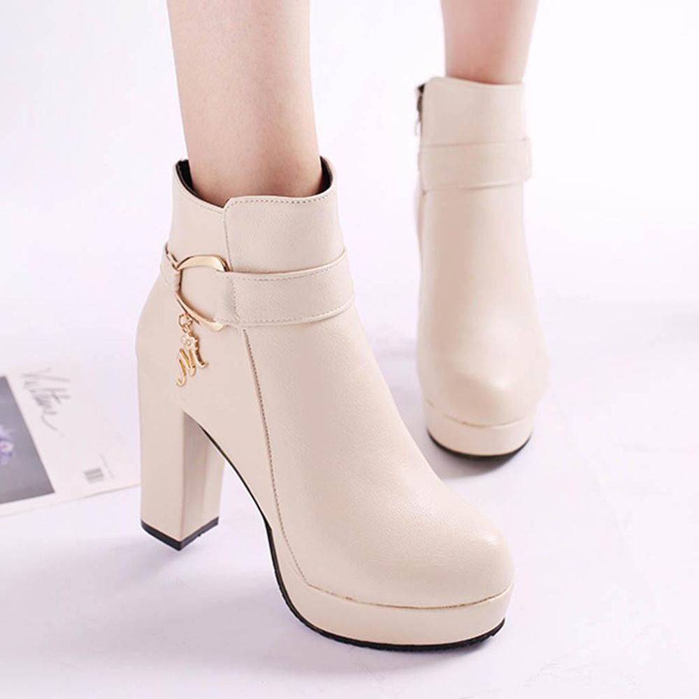 korean fashion boots for women ladies Fashion Women Waterproof Platform Round Head High Heels Zipper Ankle Boots