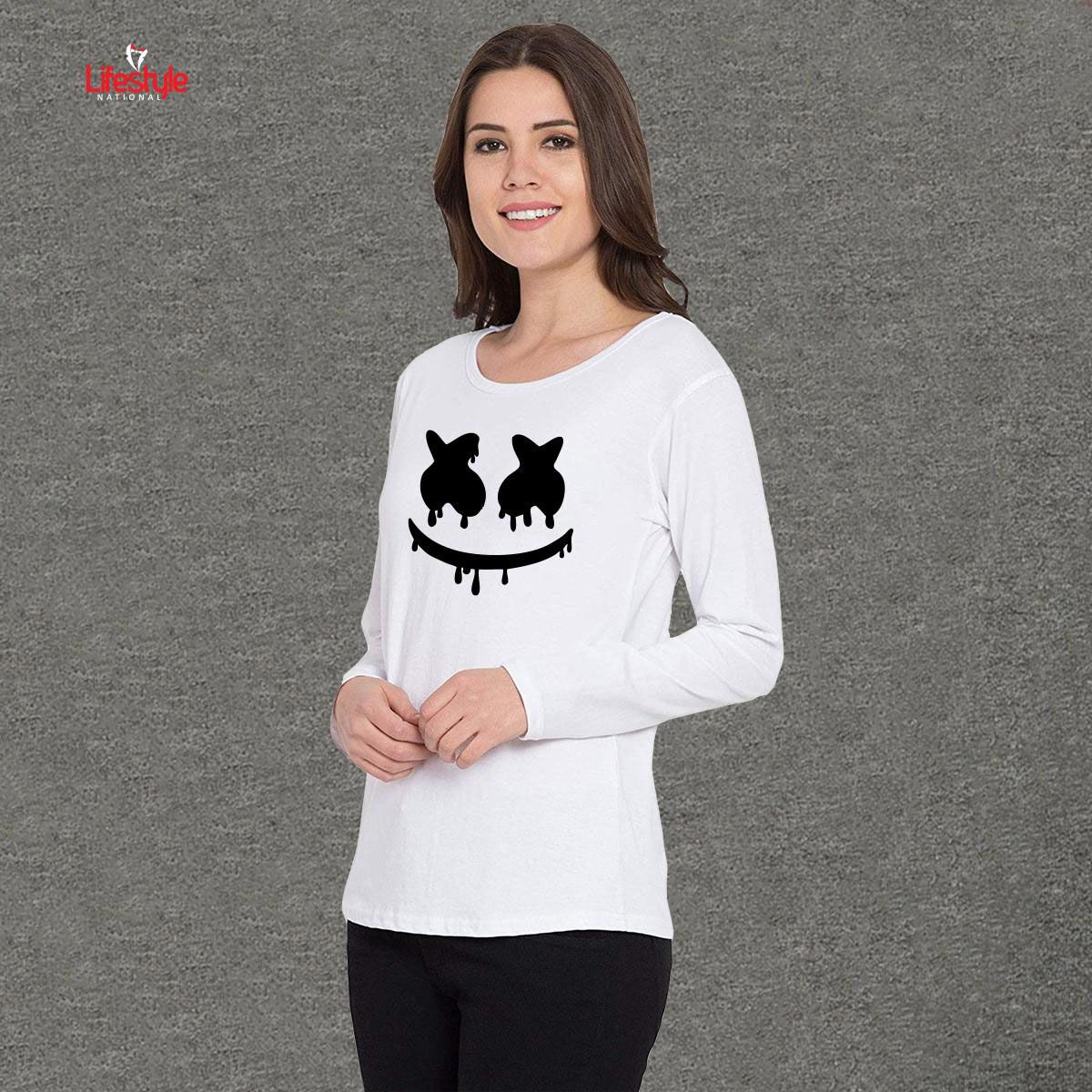 White Cotton Women Full Sleeve T-Shirt Code-LN5160T
