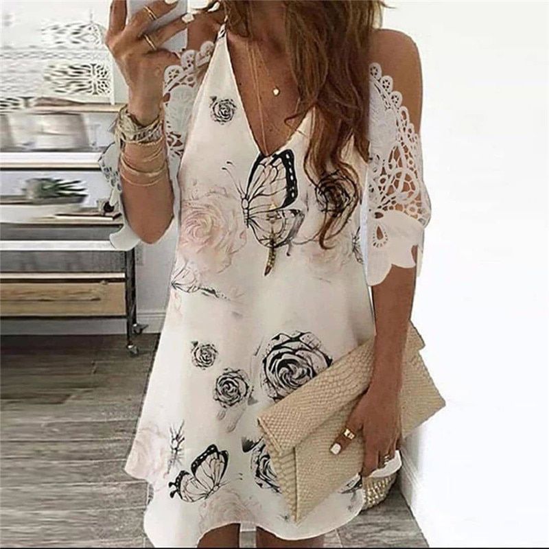Summer Vintage Floral Printed Dresses Women Casual Off Shoulder Half Sleeves Lace Dress Hollow Out V-Neck Sling Party Dresses