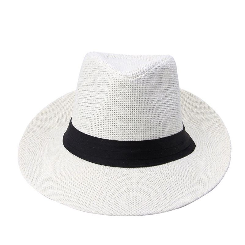 2020 Hot Fashion Summer Casual Unisex Beach Large Brim Jazz Sun Panama Hat Paper Straw Unisex Cap with Black Ribbon