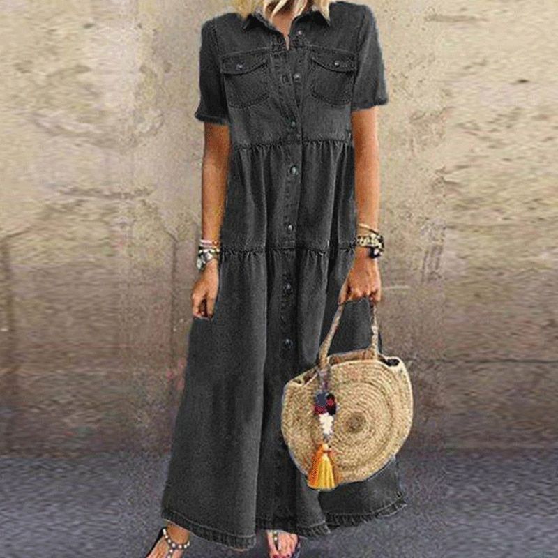 Women Summer Short Sleeve Leopard Patchwork Denim Style Dress Elegant Turn-down Collar Pockets Party Dress Retro Dress Plus Size