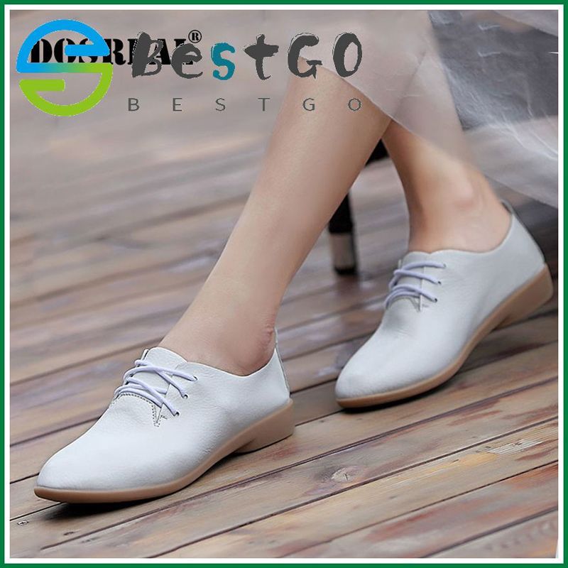 Women Oxford Shoes Flat Shoes Women Leather Casual Shoes Lace Up Soft Sole White Shoes Plus Size 35-45