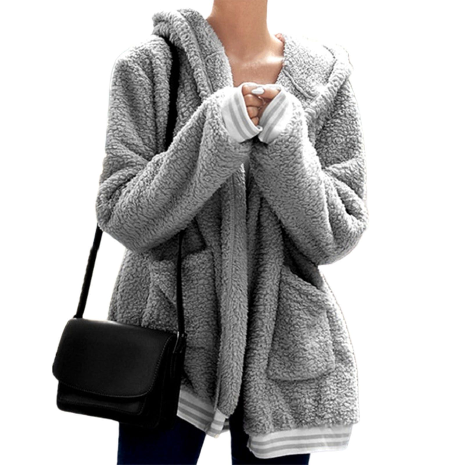 Fleece Jacket Long Sleeve Solid Color Large Pockets Fluffy Coat