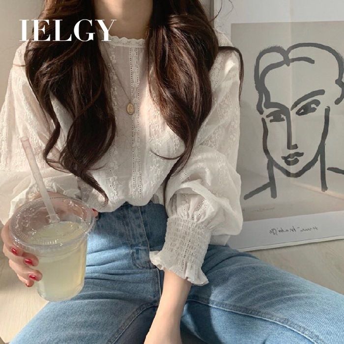 IELGY sweet department small fresh age-reducing lace hook flower lantern long-sleeved shirt blouse