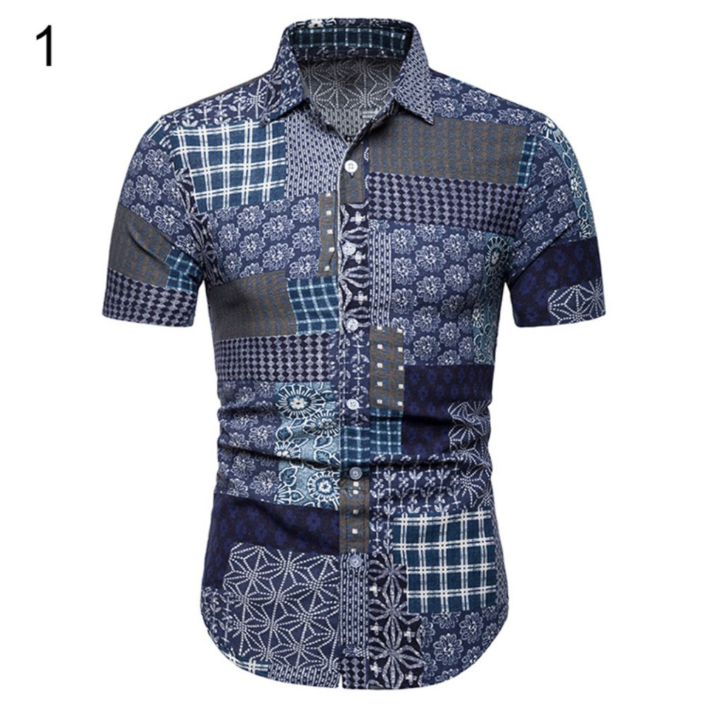 Plus Size Hawaiian Men Floral Geometric Turn Down Collar Short Sleeve Shirt Top