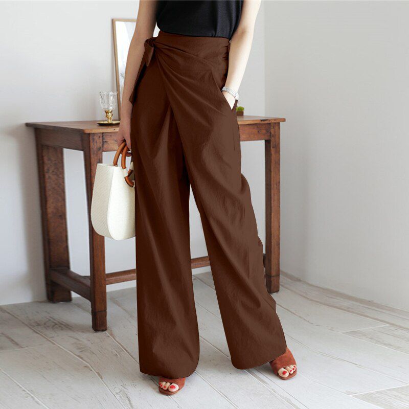 Celmia Vintage Cotton Long Pants Women Casual High Waist Trouser Fashion Ladies Office Solid Wide-leg Pantalon Female Slack