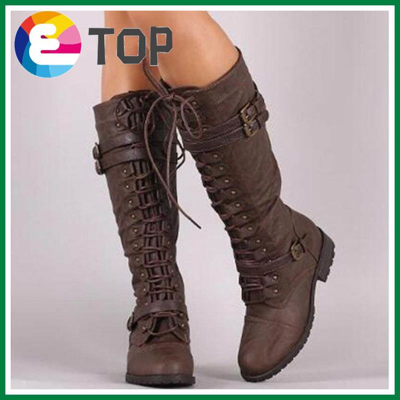 Women Knee High Boots Fashion Winter Lace Up Punk Boots Female Retro Buckle   Leather Platform Boots