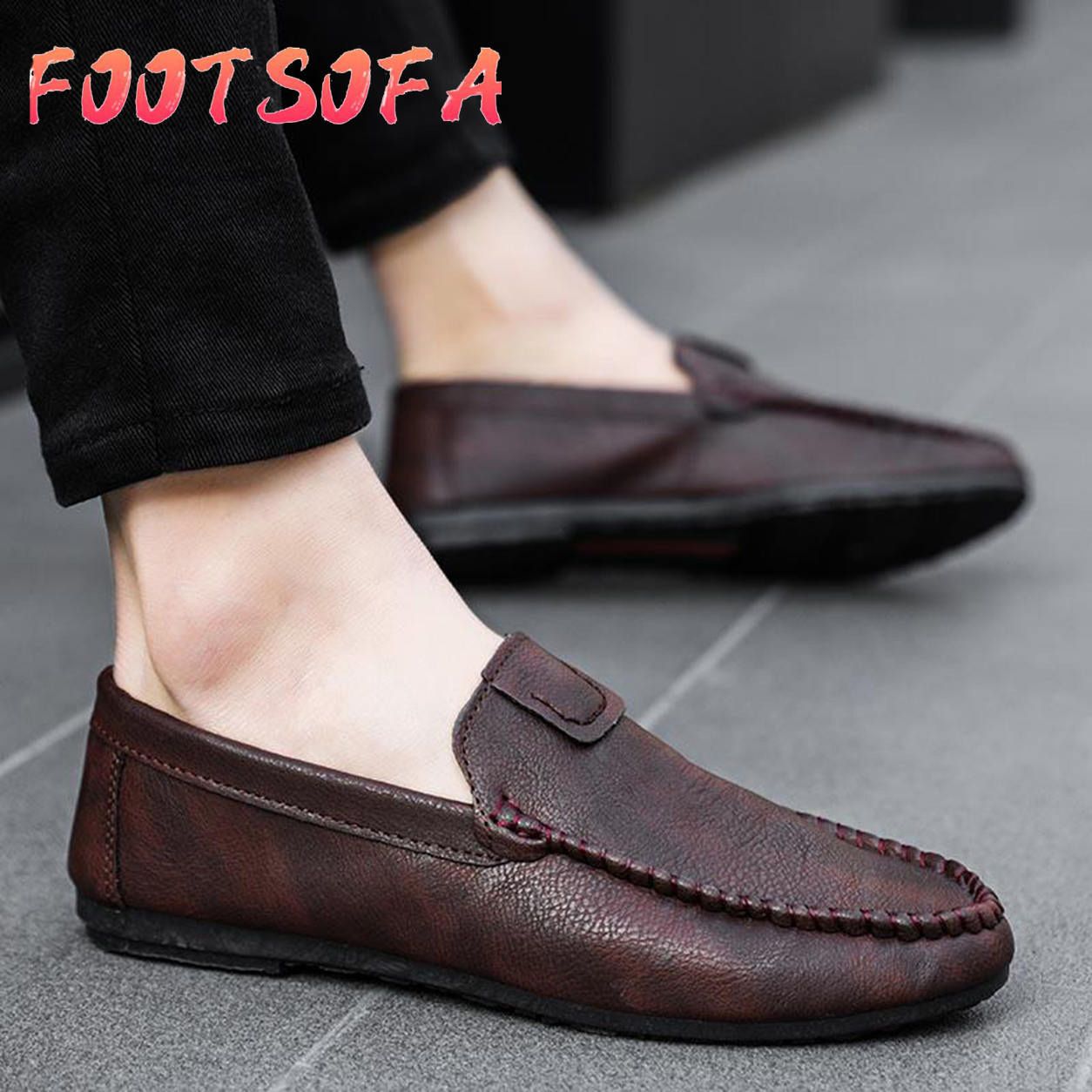 Men's Leather Formal Shoes Loafers Moccasins Casual Driving Shoes Slip on Flat Shoes for Men Kasut Lelaki (Black,Brown,Red)