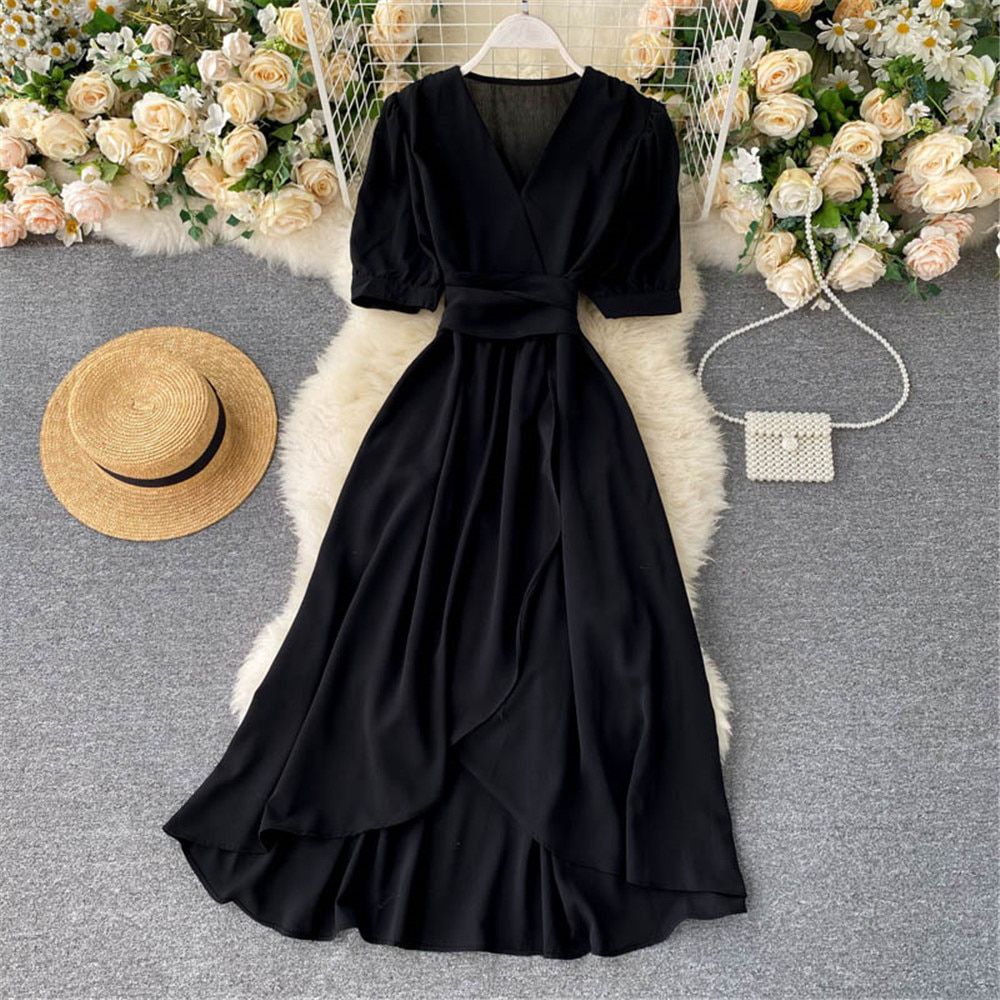 Women Summer Midi French Dress 2021 Sweet V-Neck Puff Sleeve High Waist Elegant Woman Dresses Female Clothing New Year Atopos