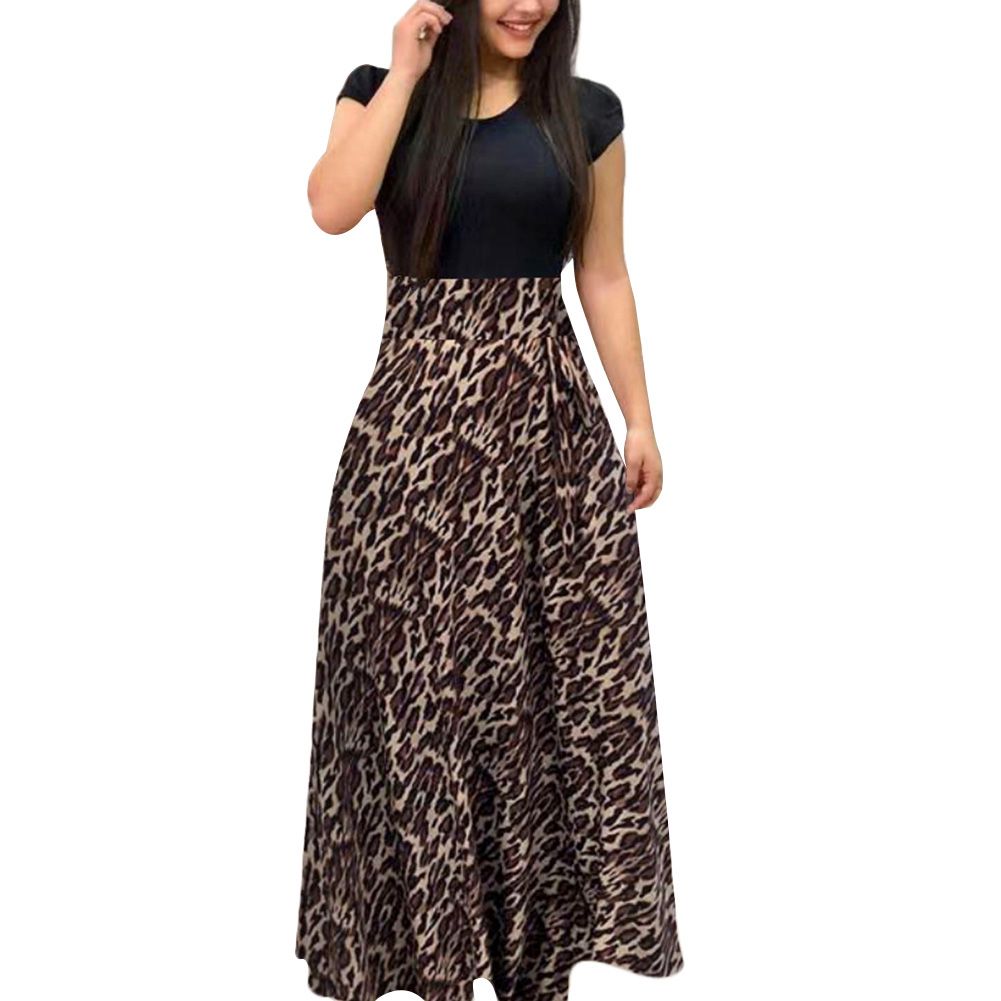Women Short Sleeve Floral Printed Patchwork Prom Large Swing Maxi Dress