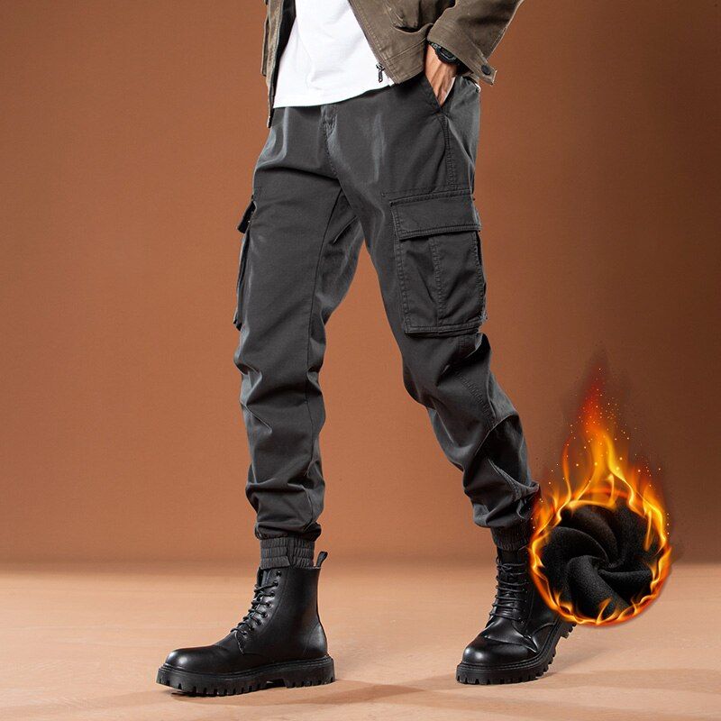 Winter Thick Warm Fleece Pants Men Streetwear Multi-Pockets Cargo Joggers Male Casual Cotton Thermal Trousers