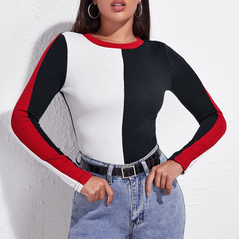 Women's Fashion Round Neck Color Block Long Sleeve Loose T-Shirt Tops White S Size