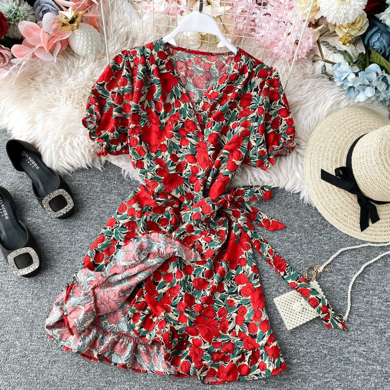 Women Lace Up Floral Polka Dot Summer Dress V Neck Wrap Dress Slim Waist Elegant Boho Ruffles Beach Short Dress Vestido