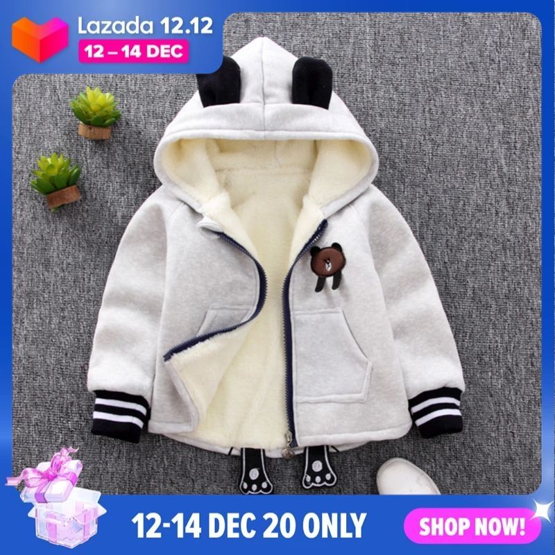 Kids Fleece Jacket with Bear Ear Decor Hat Velvet Baby Outwear with Long Cuff Sleeves