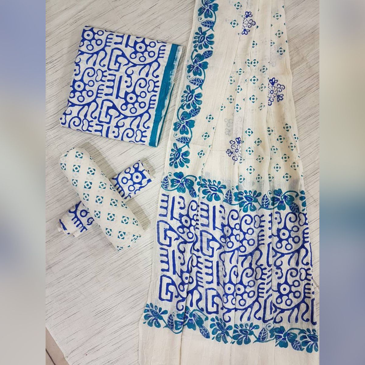 Multi Color Unstitched Pure Khadi Cotton HIgh Qulity Block Printed Salwar Kameez / Three Piece