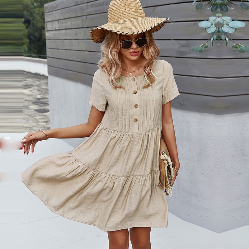 Spring New Solid Short Dress Women 2021 Casual O Neck on Summer Dress Ladies Loose Short Sleeve A Line Dresses