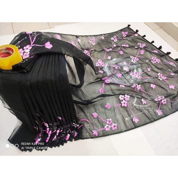 Hand Print Saree New Collection Fashionable Stylish and Comfortable, Half Silk Sharee For Women