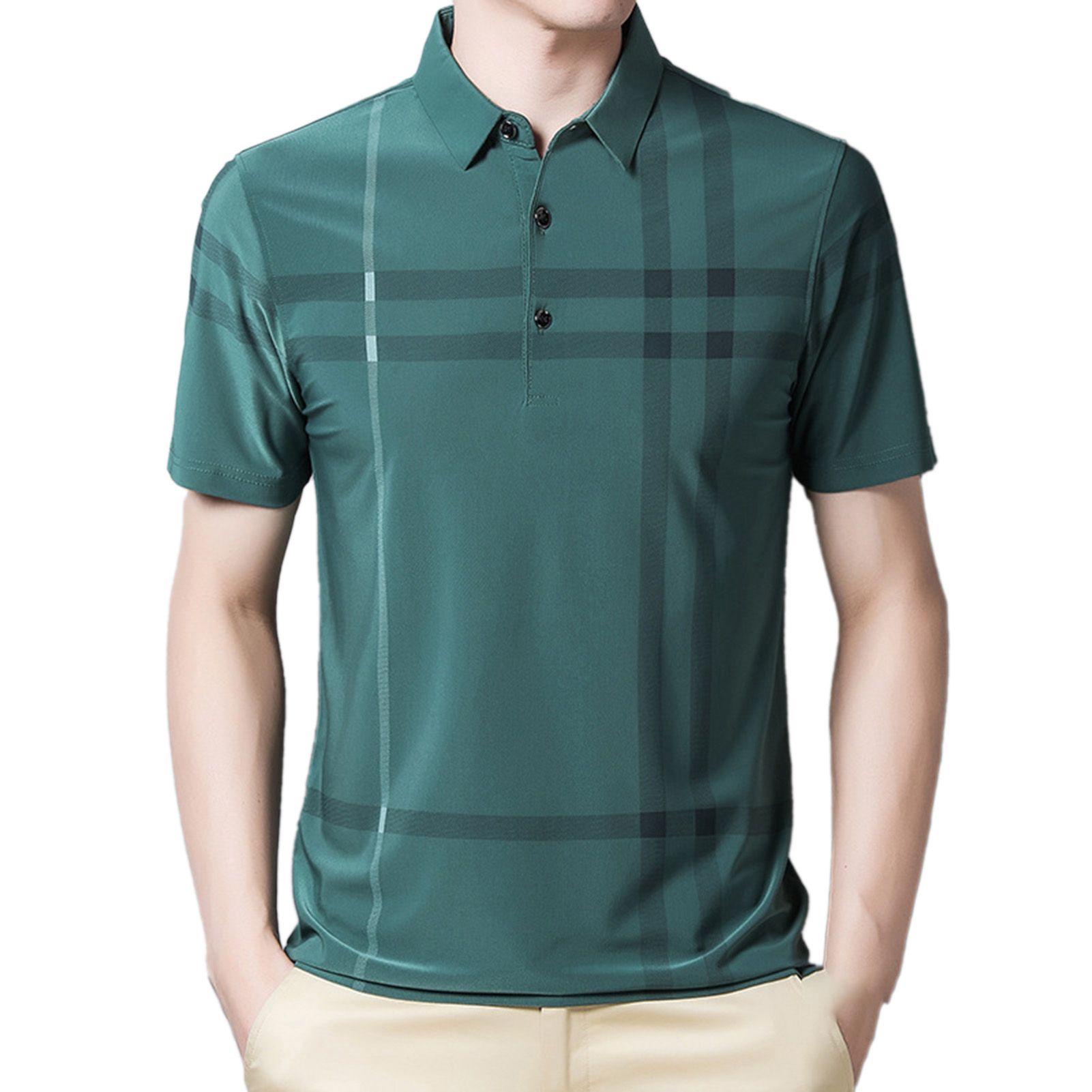 Men Pullover Stripe Wrinkle-free Ice Silk Short Sleeve Slim Fit Shirt for Business