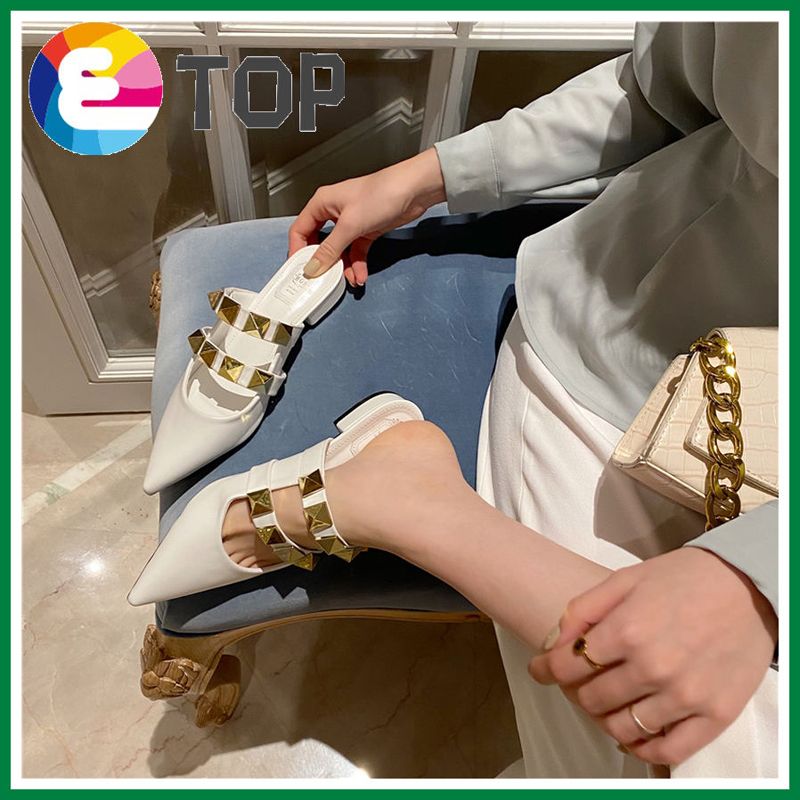 Plus Size Women Fashion Leather Closed Toe Rivet Low Heel Block Heel Sandals Slipper Shoes