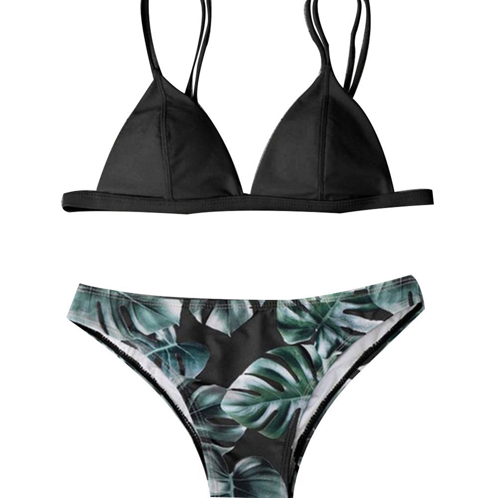 2Pcs Women Summer Style Leaves Print Padded Bra Briefs Bikini Set Beach Swimwear