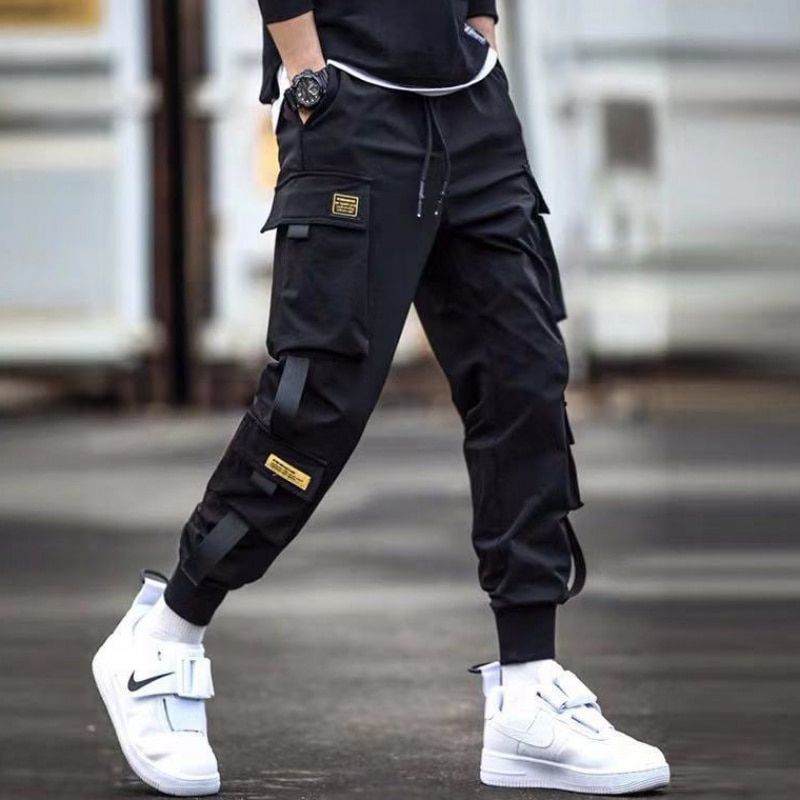 Streetwear Hip Hop Men Military Pants Patchwork Pocket Side New Ribbons Joggers Sweatpants Ankle Length Trousers For Male