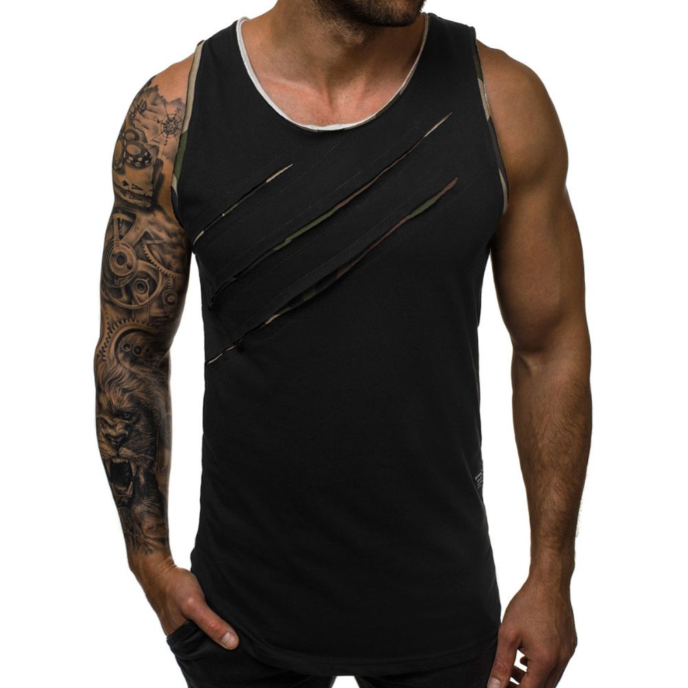 Men Summer Stylish Solid Color Sleeveless Ripped Slim Vest Fitness Bottoming Top