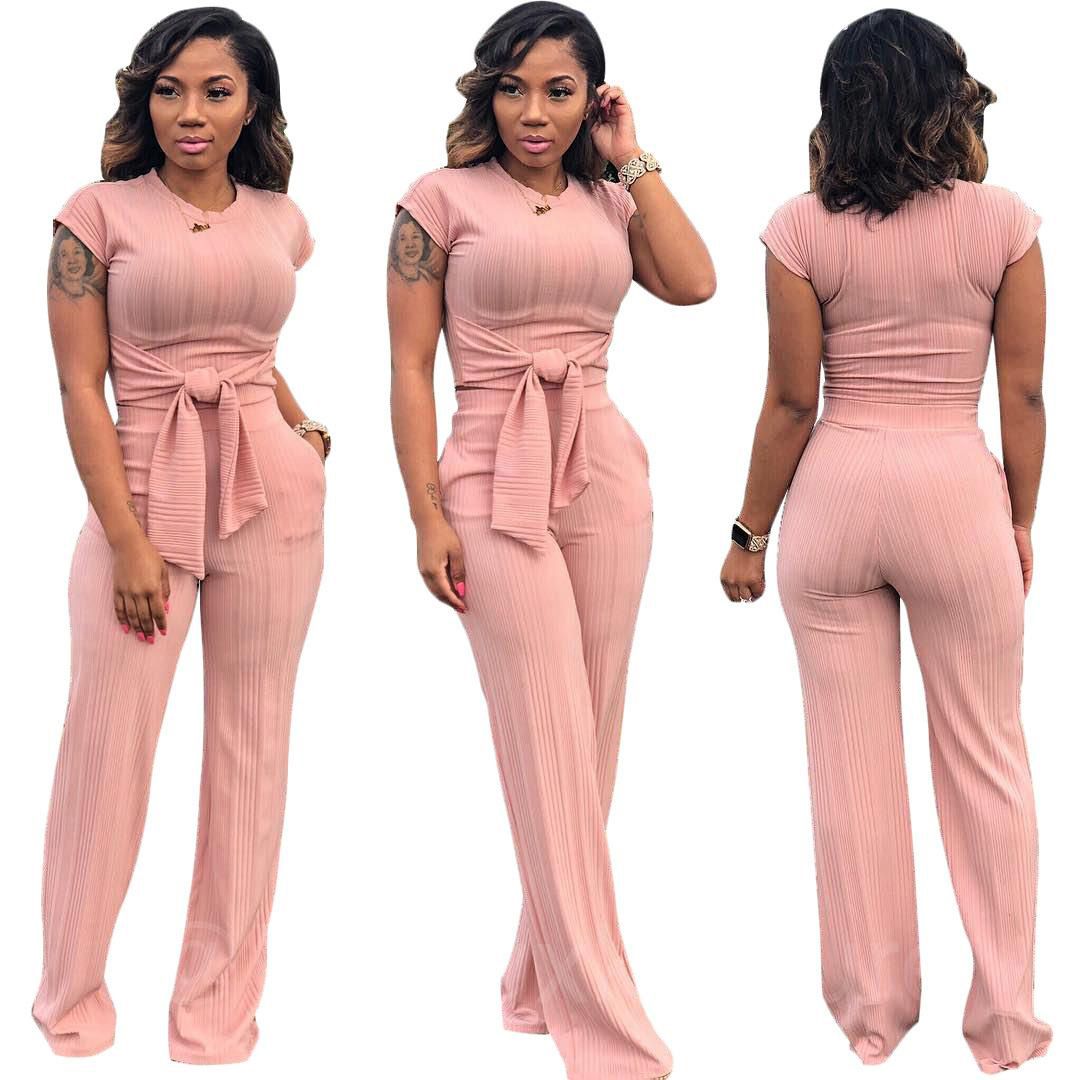 Women 2 Piece Outfits Short Sleeve Crop Top Pant Set Slim Casual Jumpsuit Outfit Set pers Solid High Wasit Belt Long Pants