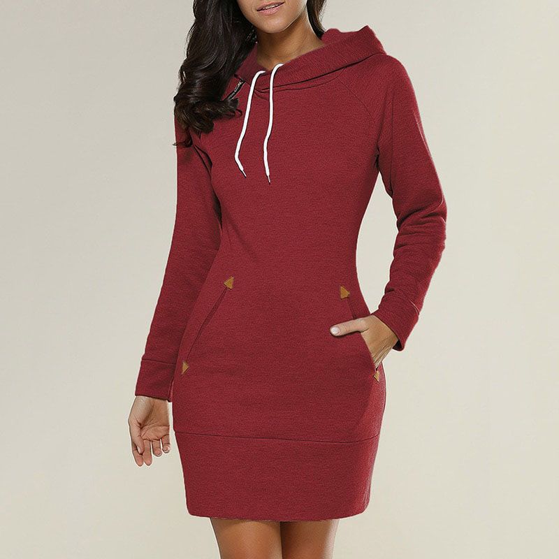 2021 Spring And Autumn Ladies Knee-Length Dress Hooded Warm Sweatshirt Long Sleeve Camp Collar Pocket ple Casual Sports Dress