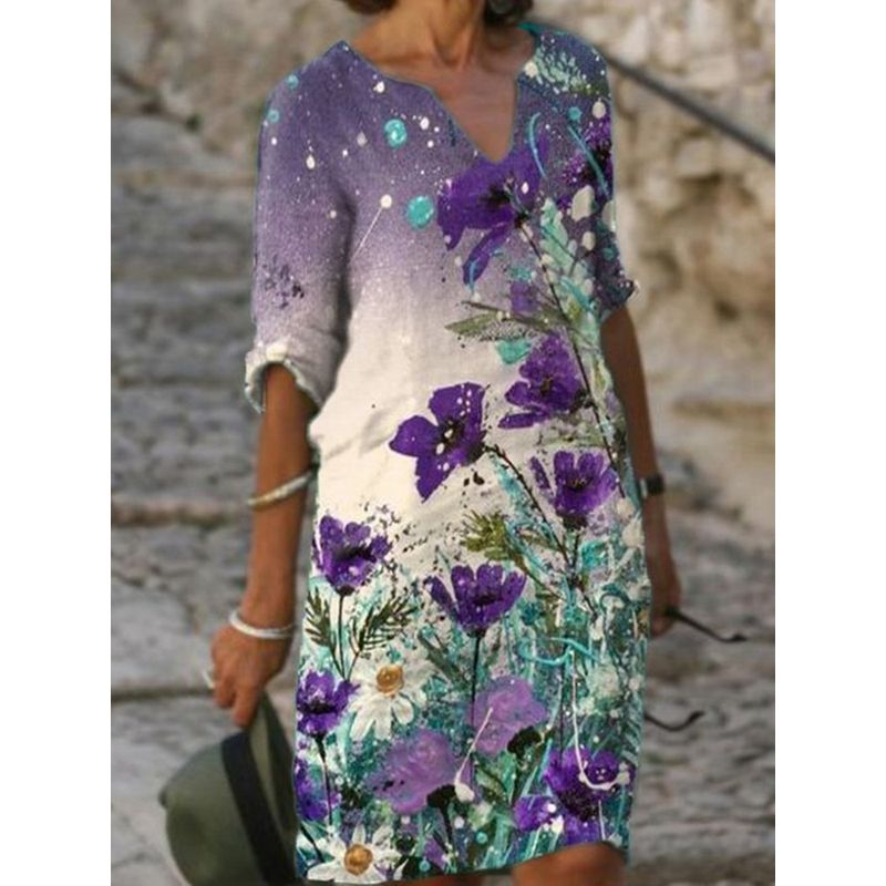 Women Elegant Floral Print Dress Summer New Half Sleeve Knee-length Casual Office Beach Dress Vestidos