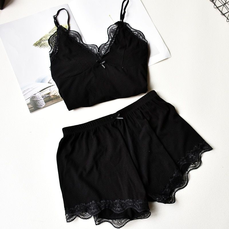Two Piece Cotton Pajamas Set for Women y Lace Top And Shorts Pajama Sets Spaghetti Strap Sleepwear High Elastic Woman Clothes