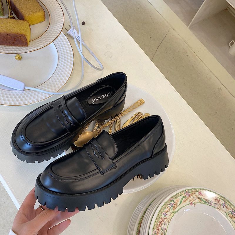 New Black Punkthick-soled Women's Pu Loafers Round Toe Thick Heel Retro Shoes for Ladies One-pedal High Heels for Ladies