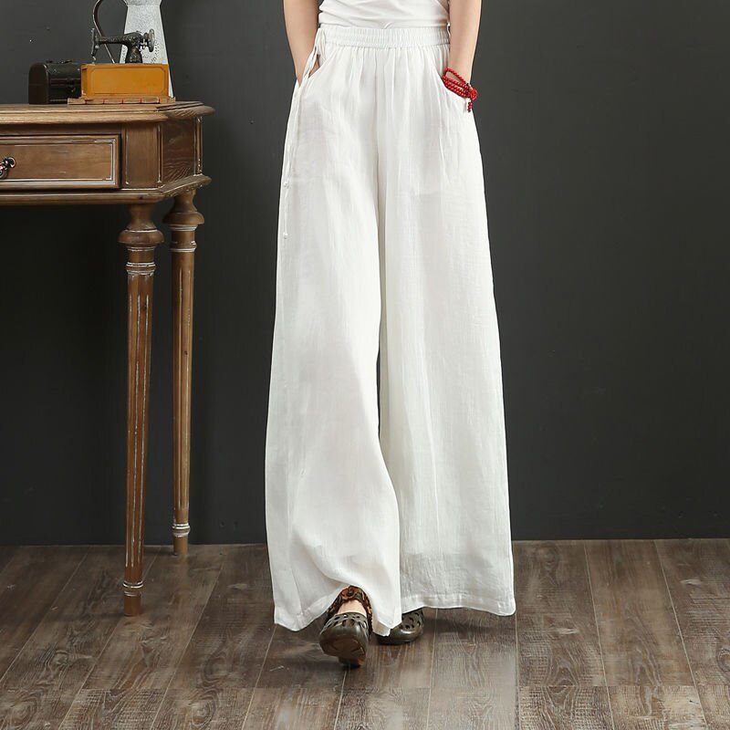 Vintage Linen Elastic Waist Wide Leg Pants Women Long Trousers Summer Solid Color Casual Loose Pants Female Boho Clothes