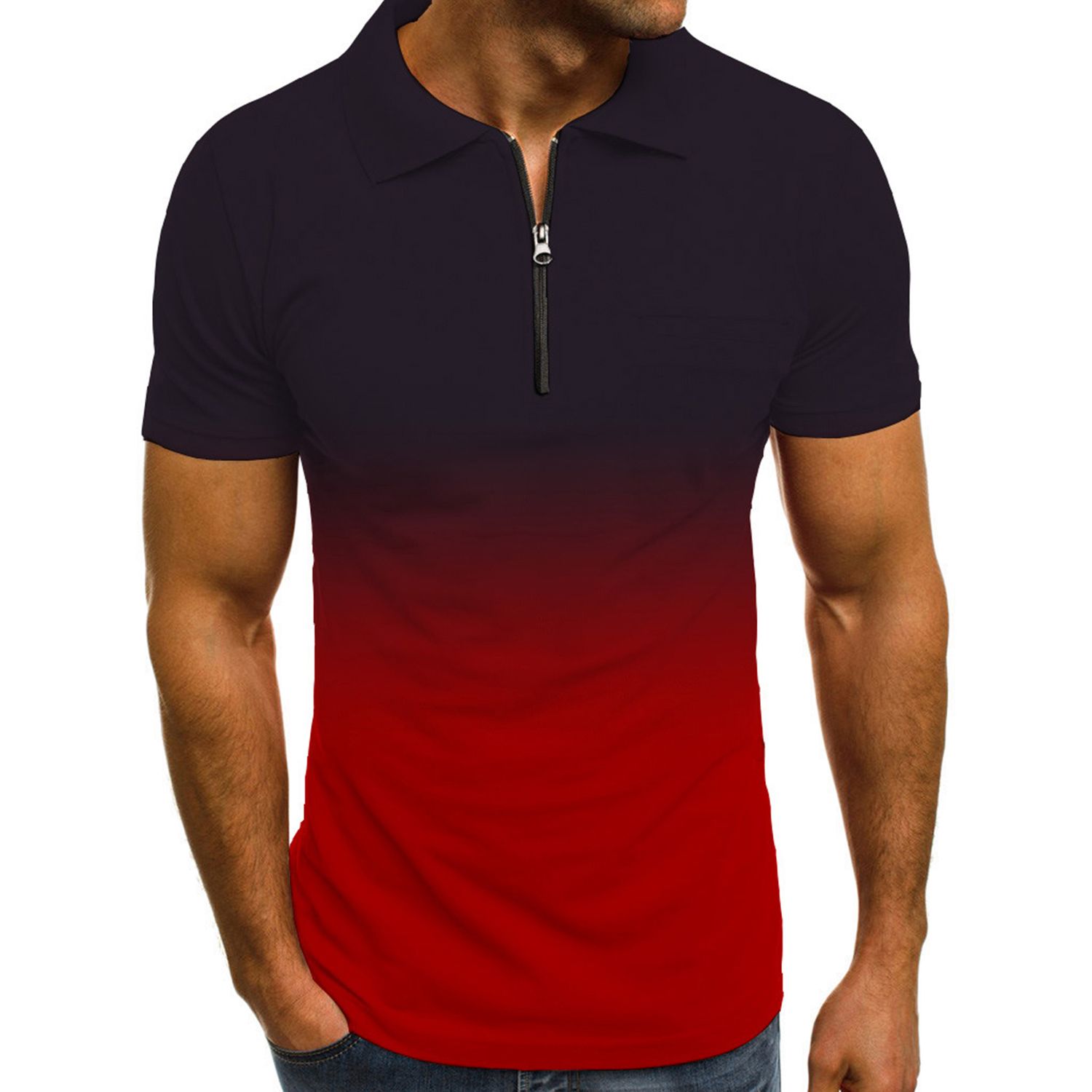 Men Turn-down Collar Gradient Color Pullover Zipper Short Sleeve Summer Top T-shirt for Party