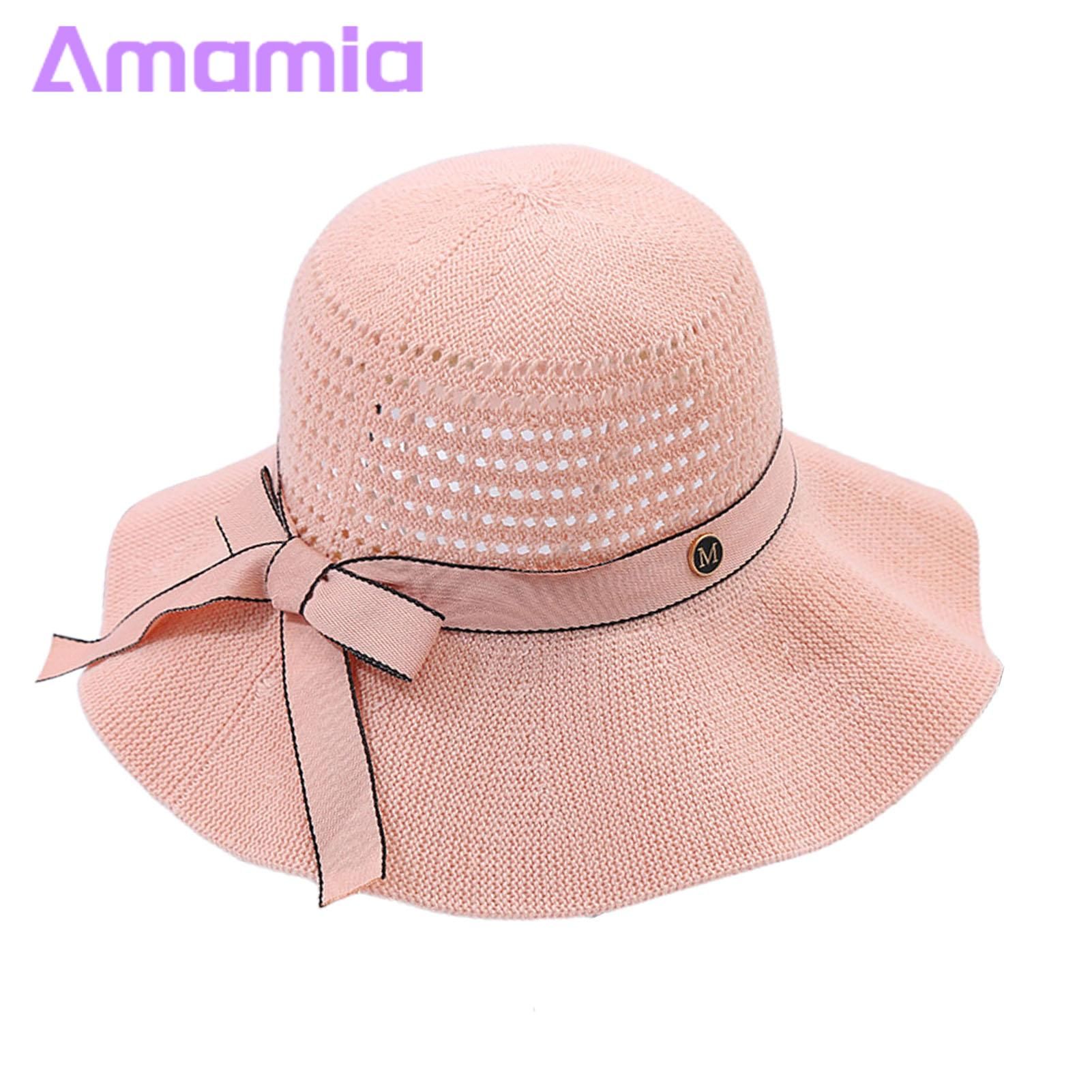 Amamia Summer Hat Solid Color Classic Bow Decoration Lady Summer Hat