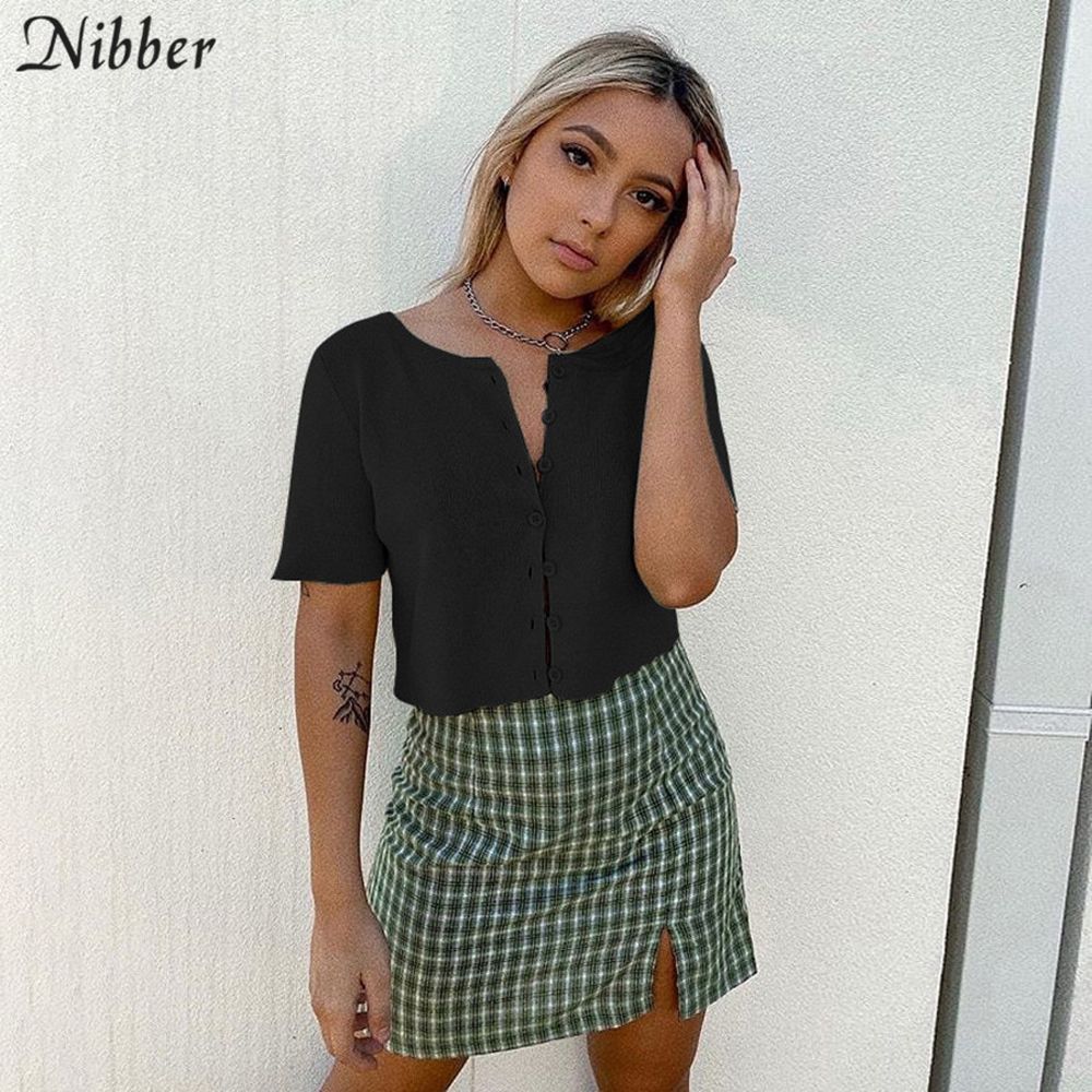 Ladies Short Sleeve Crop Top Summer Women Solid Color Knitted Single-breasted Cardigan Sexy T-shirt Female Casual Base Shirt Clothing