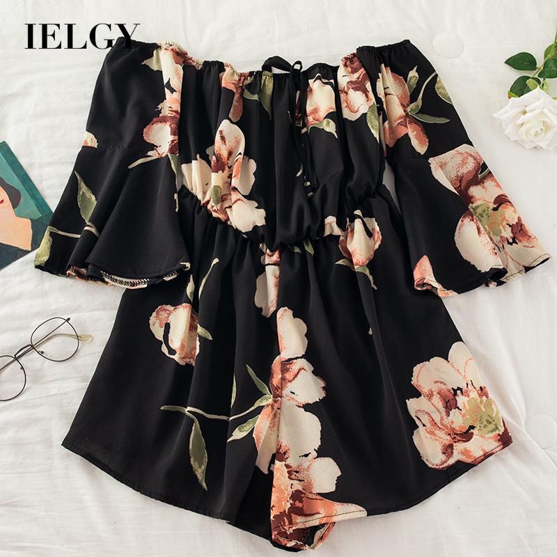 IELGY Women's pants Strapless Tie Wide-leg Black Casual Printed All-match Fashion One-piece