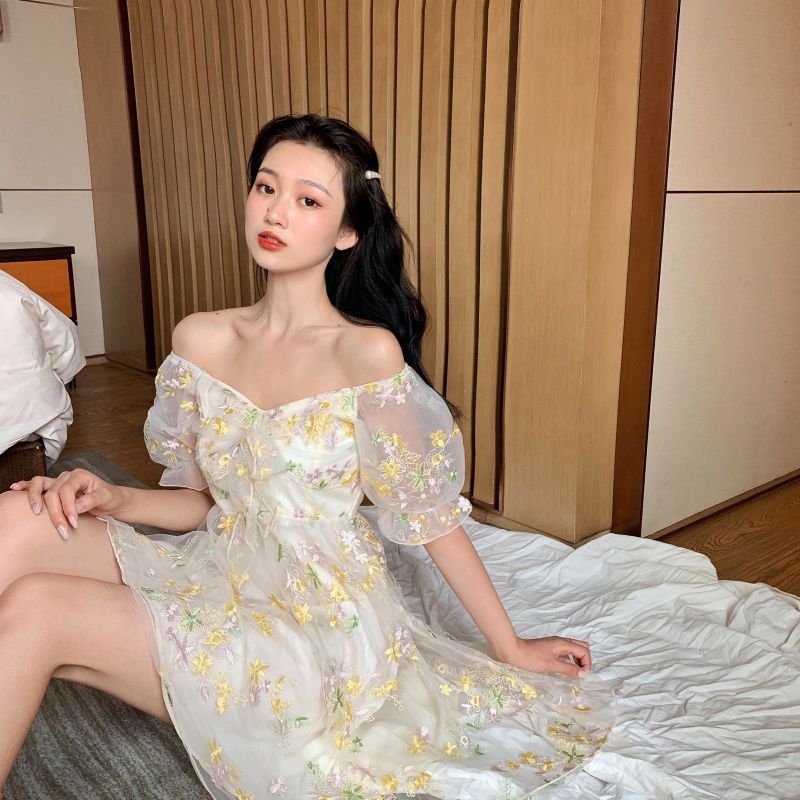 French Floral Dress Women Sexy Puff Sleeve Lace Chiffon Print Mini Dress Women Summer Korean Style Vintage Fairy Dress New 2021
