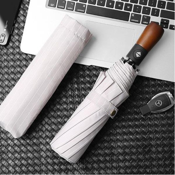 Fully Automatic Folding Umbrella for Men Business Water Proof Stripe Wood Handle Straight Handle Ten Bones Umbrella