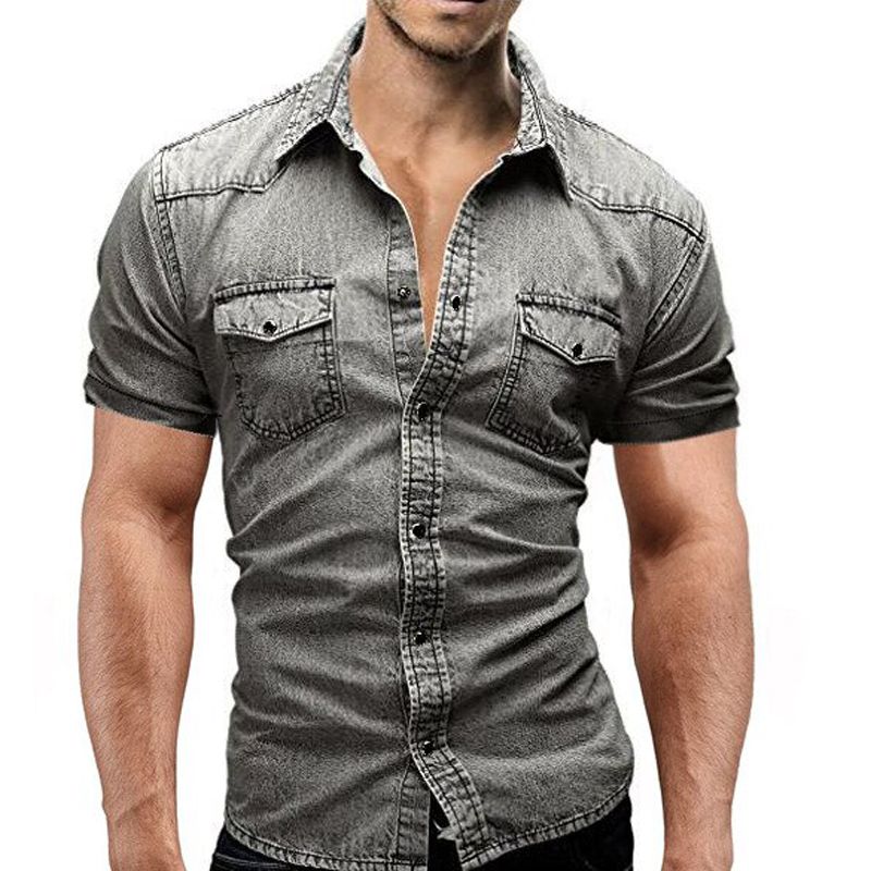 Men Spring Summer Denim Thin Shirt Short Sleeve Soft Cotton Two Pockets Slim Slight Elastic Jeans Cowboy Shirt Clothing