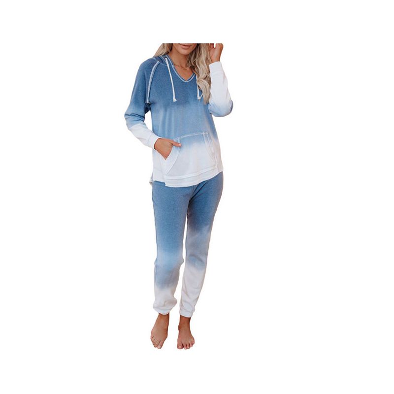 2021 2PCS Women Gradient Color/ Print Outfit, Long Sleeve Drawstring Hoodie with Front Pocket and Elastic