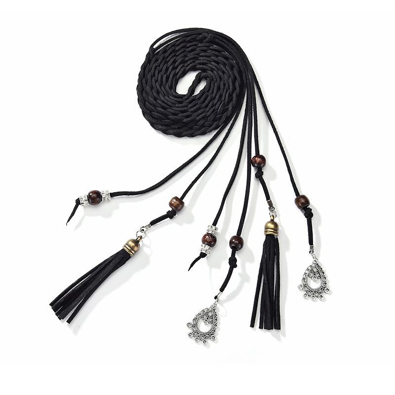 Loldeal 120cm long Korean-style microfiber hand-woven belt all-matching women's slim waist belt tassel pendant knotted decorative ethnic style waist chain